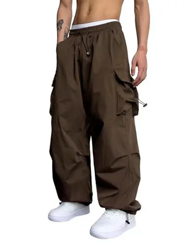 Produktbild: ZAFUL Loose Fit Strahlfüße Cargo Hose Herren Lang Tunnelzug Fallschirm Y2K Lässig Hosen Verstellbare Taille (1-Tiefer Kaffee,XL)