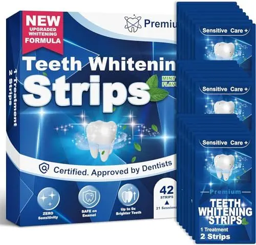Produktbild: Zahnaufhellung Whitening Strips White Stripes Zähne: 42 Bleaching Zähne Stripes - 21 Whitening Sitzungen, Vinmal Zahnweiß streifen für Weiße Zähne zuhause, Non Sensitive Formel mit Minzgeschmack
