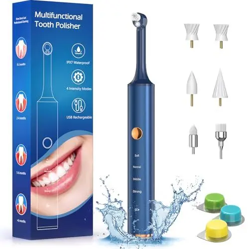 Produktbild: Zahnreinigung Bleaching Zahnaufhellungsset, Zahnpolierer mit 4 Modi für Zahnreinigung & Zähne Aufhellen, zum Polieren nach der Zahnreinigung, Zahnaufhellung Set mit 6 Köpfen (Blau)