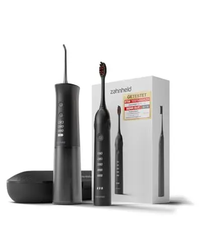 Produktbild: Zahnheld® Super-Set, elektrische Schallzahnbürste GERO + Munddusche AQUADENT | inkl. Bürstenkopf & Reiseetui | Effektive Zahnreinigung + Interdentalreinigung