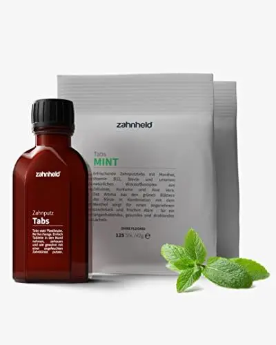 Produktbild: Zahnheld® Zahnputztabletten Starterset MINT, fluoridfrei (2 Tüten á 125 Tabs + Glas), superglatte Zähne durch Zellulose und Kieselsäure, Minzgeschmack, Plaque & Kariesschutz, Vegan, Naturkosmetik