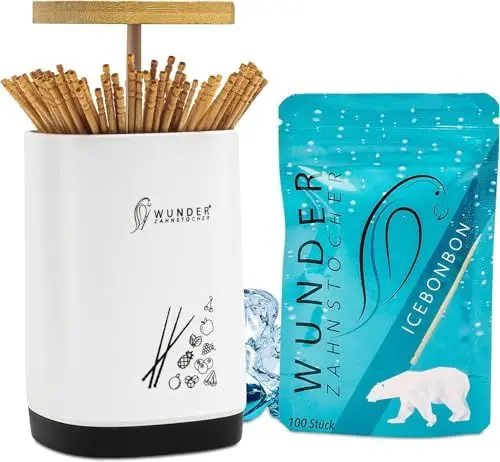 Produktbild: Zahnstocherspender von Wunder Zahnstocher - Spender mit easy-lift Funktion - Zahnstocherhalter + 1 Refill Pack (100 Zahnstocher) - Zahnstocher mit Geschmack (SPENDER + EISBONBON REFILL)