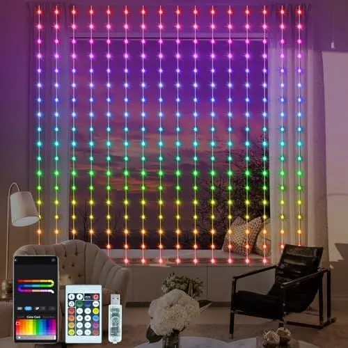 Produktbild: ZAIYW Smart Lichtervorhang RGB 5050 mit Integriertem Chip, 2,4M x 1,8M Vorhang Lichterkette Fernbedienung und APP Steuerung, USB 144 LED Lichterketten Vorhang für Party Hochzeit Innen Außen Deko