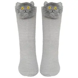 Produktbild: ZAKASA Kuschelsocken Damen Haussocken Stoppersocken: Warme Winter Hausschuhe Socken Frauen Hüttensocken ABS Dicke Lustiges Tiermuster Socken mit Noppen EU 35-41 Graue Katze 1 Paar