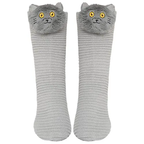Produktbild: ZAKASA Kuschelsocken Damen Haussocken Stoppersocken: Warme Winter Hausschuhe Socken Frauen Hüttensocken ABS Dicke Lustiges Tiermuster Socken mit Noppen EU 35-41 Graue Katze 1 Paar