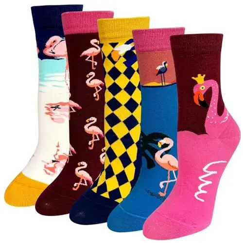 Produktbild: ZAKASA Lustige Socken Damen Baumwolle: Bunte Witzige Katzen Socken Interessante Frauen Tier Socken Motiv Sneakersocken Größe 35-41 Flamingo 5 Paare