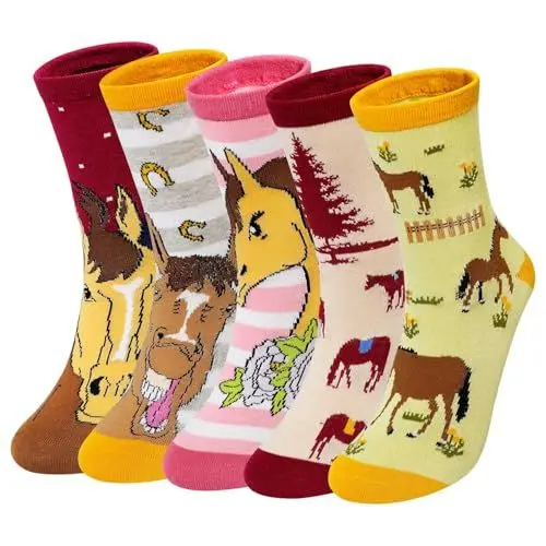 Produktbild: ZAKASA Lustige Socken Damen Baumwolle: Bunte Witzige Socken Interessante Frauen Tier Motiv Sneaker Socken EU 35-41 Pferd 5 Paare