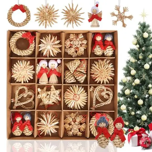 Produktbild: Zanfqvo 52 Stück Strohsterne Christbaumschmuck Set - Natürlicher Strohsterne Weihnachtsbaum Schmuck mit Feiner Kiste - Strohanhänger für Tannenbaumschmuck und Weihnachtsdekoration
