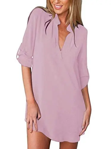 Produktbild: ZANZEA Bluse Damen V-Ausschnitt Langarm Elegant Hemd Chiffon Oversize Longblus Casual Tunika Oberteile Tops A-Rose 50 EU