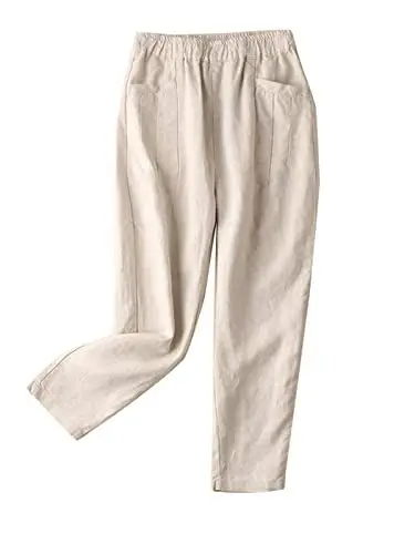 Produktbild: ZANZEA Culottes Hosen Damen Lose Sommer Leinenhose Große Größen Einfarbig Jogginghose Leichte Arbeitshose mit Tasche C-Beige M
