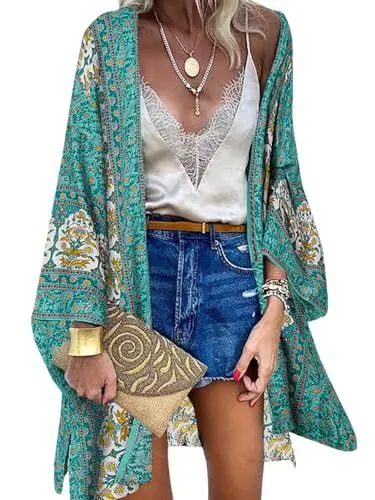 Produktbild: ZANZEA Damen Blumendruck Kimono Strickjacke Boho Strandkleid Pareos Poncho Sommer Strand Bikini Cover Up Boho-Grün XXL