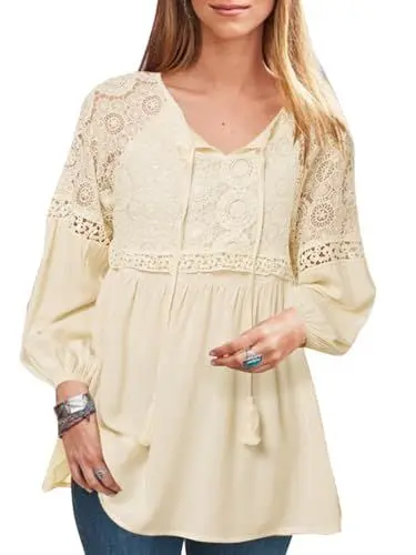 Produktbild: ZANZEA Damen Bluse Langarm Ausgehöhltes Spitzenbluse V-Ausschnitt Elegant Longbluse Casual Oversize Hemden Einfarbig Tops 01-Beige XL