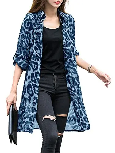 Produktbild: ZANZEA Damen Dünner Sommer Strickjacke Leopardenmuster Loose Bikini Cover Up Langarm Lang Strickjacke Kimono Cardigan A-Blau 4XL