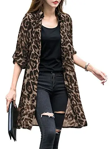 Produktbild: ZANZEA Damen Dünner Sommer Strickjacke Leopardenmuster Loose Bikini Cover Up Langarm Lang Strickjacke Kimono Cardigan A-Braun L