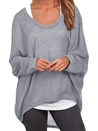 Produktbild: ZANZEA Damen Lose Asymmetrisch Jumper Sweatshirt Pullover Bluse Oberteile Oversize Tops Grau L