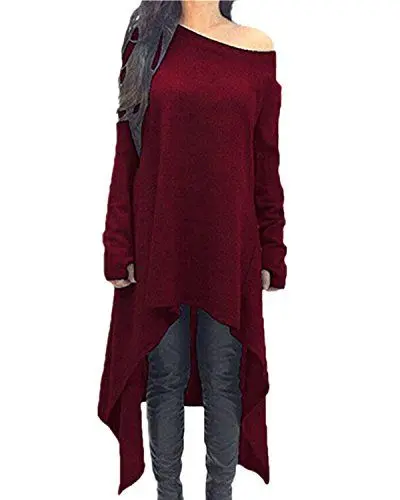 Produktbild: ZANZEA Damen Unregelmäßige Strick Oversize Langarm Pullikleid Longshirt Top Minikleid Rot XXL