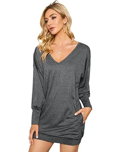 Produktbild: ZANZEA Damen V-Ausschnitt Langarm Pullover Lange Lose Sweatshirt Oversize Longshirt Tops Dunkelgrau EU 46-48/Asien XL