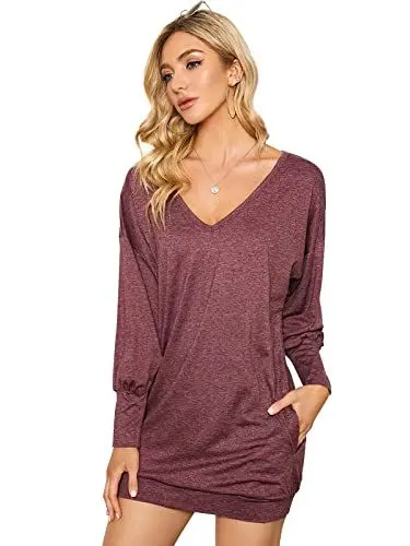 Produktbild: ZANZEA Damen V-Ausschnitt Lose Langarm Oberteile Oversize Lang Sweatshirt Tops Wine Rot XXL