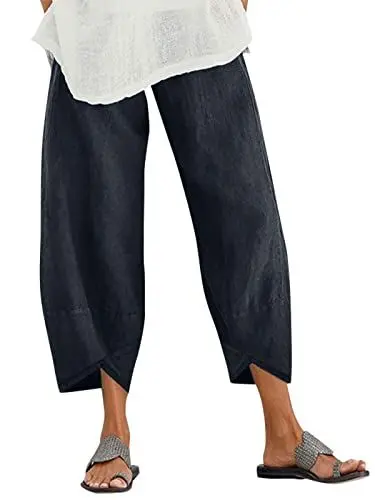 Produktbild: ZANZEA Leinenhose Damen Sommer 7/8 Baggy Haremshose Weite Culottes Hosen Große Größen Hippie Hose Casual Yoga Hosen Leichte Strandhose B-Marineblau L