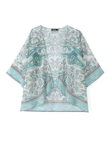 Produktbild: ZANZEA Strand Kimono Damen 3/4 Ärmel Kurz Chiffon Sommerjacke Blumen Leichte Cardigan Boho Bikini Cover Up Blumen-Grün M