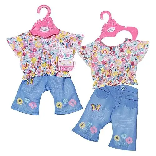 Produktbild: Zapf Creation 832677 BABY born Trend Jeans 43cm - Puppenkleidung Set bestehend aus blauer Jeans, Blümchen-Oberteil und Kleiderbügel