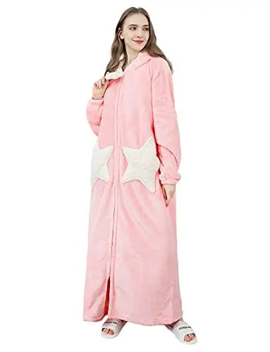Produktbild: Morgenmantel Herren Frottee Bademantel mit Kapuze Kimono Damen Baumwolle Flauschig Wadenlang oder Knöchellang 100% Frottee Mikrofaser Reißverschluss Saunamantel Frottee Lang Hausmantel Rosa XL