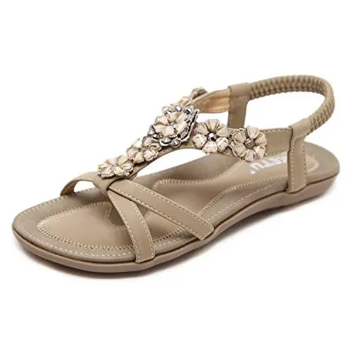 Produktbild: ZAPZEAL Damen Sommer PU Leder Bohemia Flach Sandalen Frauen Boho Strass Flache Sommer Sandalen,Aprikose 45 EU