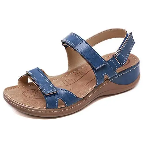 Produktbild: ZAPZEAL Frauen Sandalen Bequeme Plattform Sandale Sommer Offene Schuhe PU Leder Wedge Heel Flatform Ledersandalen Casual Römische Schuhe,Blau 43 EU