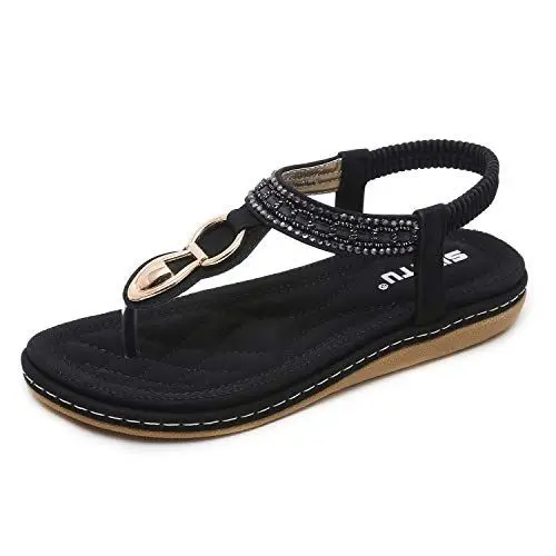 Produktbild: ZAPZEAL Sandalen Damen Sommer Flach,Metallic Blumen Glitzer Zehentrenner Elegant Boho Sommerschuhe Elastisch Offen Schwarz 38 EU