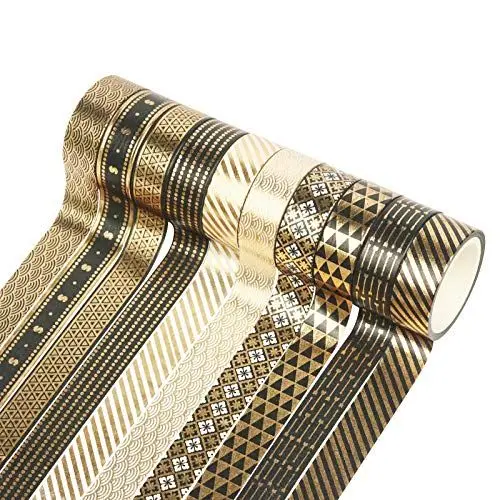 Produktbild: ZARRS Washi Tape, 10 Rollen Gold Stamping Masking Tapes Schwarz-goldene Foliendruck für Scrapbooking DIY Handwerk 15mm 5M