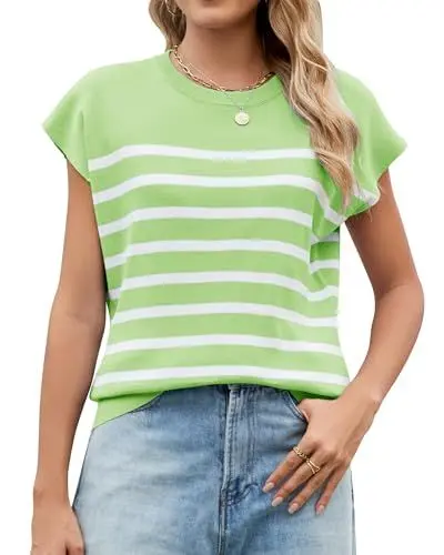 Produktbild: ZASFOU Damen Sommer Kurzarm Top Gestrickt Gestreift T Shirt Rundhals Oberteile Locker Lässig Tops Geschenk für Frauen
