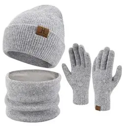 Produktbild: ZASFOU Damen Winter Beanie Mütze Schal Touchscreen Handschuhe Set Warme Wintermütze Loop Schal Schlauchschal Winterhandschuhe Weihnachten Geschenk für Frauen,Lichtgrau