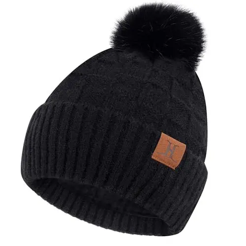 Produktbild: ZASFOU Damen Winter Mütze Beanie mit Fleecefutter Warme Plaid Pompom Wintermütze Thermo Strickmütze Mützen für Frauen Geschenk