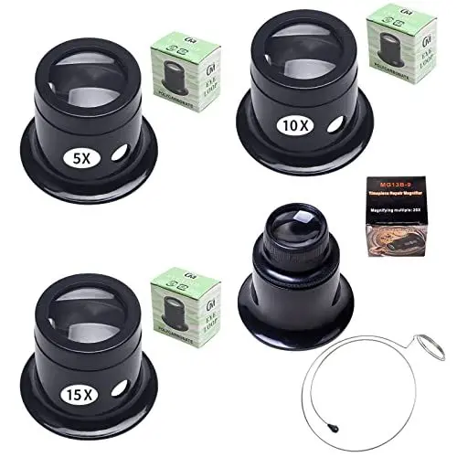 Produktbild: Zasjon Uhrmacherlupe Juwelierlupe, 4 Stück Uhrmacher Auge Okular Glaslinse Vergrößerung Faktor 5X 10x 15x 20x Augenlupe mit Lupe Drahthalter für Uhr Schmuck Münzen Elektriker Nähen Handwerk