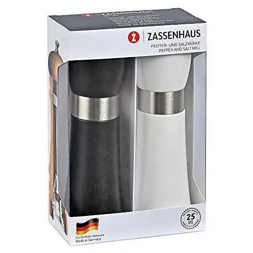 Produktbild: Zassenhaus Mühlenset HAMBURG Buchenholz | Geschenkset | Schwarz & Weiß | mit stufenlos verstellbarem Keramikmahlwerk | befüllte Gewürzmühlen | Ø 5,5, H: 18 cm