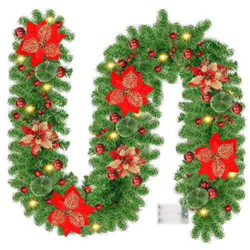 Produktbild: Zateety Weihnachtsgirlande mit Beleuchtung 2.7M/9Ft: Tannengirlande mit LED Beleuchtung, Weihnachtsdeko Girlande, Tannengirlande Hängende Girlande für Haustür Treppen Kamin Terrasse und Gärten