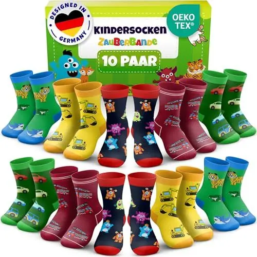 Produktbild: Zauberbande Kindersocken Jungen - 10 Paar / 31-34 - Socken Kinder Jungs, aus Baumwolle mit bunten Motiven, atmungsaktiv - Kinder Socken für Schule, Freizeit & Sport - OEKO-TEX Standard 100