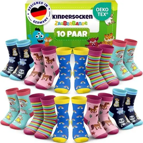 Produktbild: Zauberbande Kindersocken Mädchen - 10 Paar / 31-34 - Socken Kinder Mädchen, aus Baumwolle mit bunten Motiven, atmungsaktiv - Kinder Socken für Schule, Freizeit & Sport - OEKO-TEX Standard 100