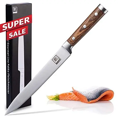 Produktbild: zayiko Fleischmesser 20,00 cm Klinge I Scharfes Küchenmesser und Profi Kochmesser aus deutschem Stahl mit Pakkaholzgriff und Geschenkbox Serie IZUMI