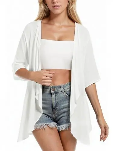 Produktbild: ZAZNEA Kimono Damen Lang Summer Bikini Cover Up Oversized Leinen Jacke Strand Strandponcho Hellweiß L