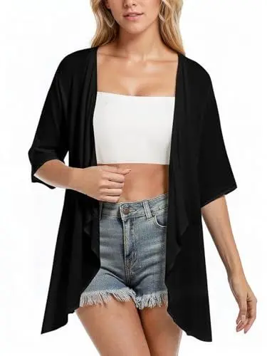 Produktbild: ZAZNEA Kimono Damen Summer Langarm Strand Cover Up Große Größen Pareos Casual Oversize Lang Bluse Hellschwarz S