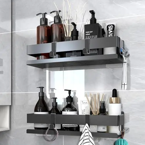 Produktbild: ZcScoery Duschregal, 2 Stück Duschkorb, Duschablage Ohne Bohren, Badezimmer Regal selbstklebendes oder Stanzen, Duschorganisator mit 6 beweglichen Haken,Rostfrei, Schwarz
