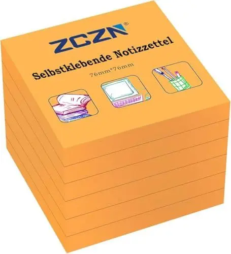 Produktbild: ZCZN Haftnotiz Sticky Notes Selbstklebende Haftnotizzettel Notizzettel Klebezettel 6 Blöcke, 80 Blatt, 76 x 76 mm, orange