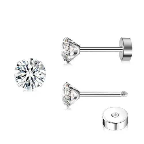Produktbild: ZDE Titan Damen flache Ohrringe für Frauen Zirkonia Ohrstecker 5mm flache zurück Ohrringe hypoallergen Knorpel Flatback Ohrring Tragus Helix Tragus Conch Piercing - Weiß