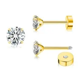 Produktbild: ZDE Titan Damen flache Ohrringe für Frauen Zirkonia Ohrstecker 5mm flache zurück Ohrringe hypoallergen Knorpel Flatback Ohrring Tragus Helix Tragus Conch Piercing - Gold