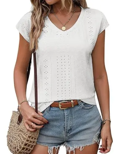 Produktbild: Zeagoo Bluse Damen Weiß Lochstickerei V Ausschnitt T-Shirt Casual Locker Top Kurzarm Oberteil Sommer M