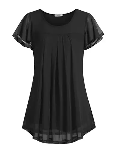 Produktbild: Zeagoo Chiffon Bluse Damen Sommer Blusenshirt Kurzarm Rüschenärmel Oberteile Rundhals Tunika Tops Schwarz L