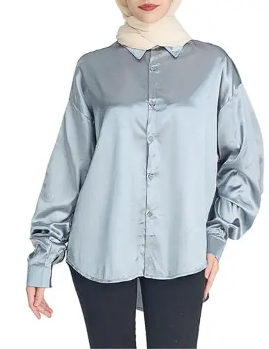Produktbild: Zeagoo Bluse Satin Damen Elegant Lange Ärmel Hemdbluse mit Stehkragen Büroblusen Lässige Oberteile Top Grau L