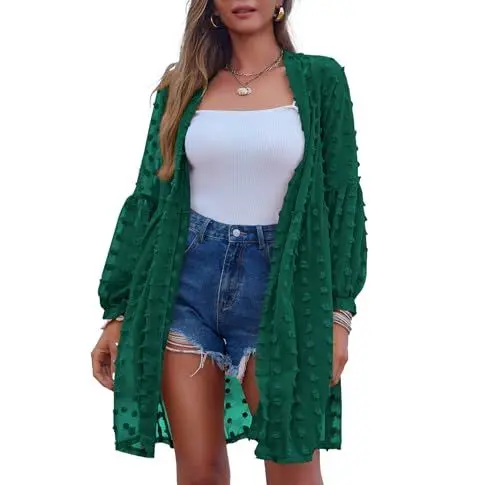 Produktbild: Zeagoo Strandkleid Damen Pareos Sommerkleid Bikini Cover Up Strandponcho Sommer Luftig Strandbluse Blusenkleid Knielang Elegant Strandtuch Kimono Langarm Cardigan Bademode Vertuschen Shirt Grün XL