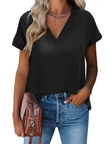 Produktbild: Zeagoo Damen Bluse Elegante V-Ausschnitt Kurzarm Tunika Shirt Sommer Einfarbig Blusen Tops Locker Chiffon Oberteile T-Shirt Schwarz XXL